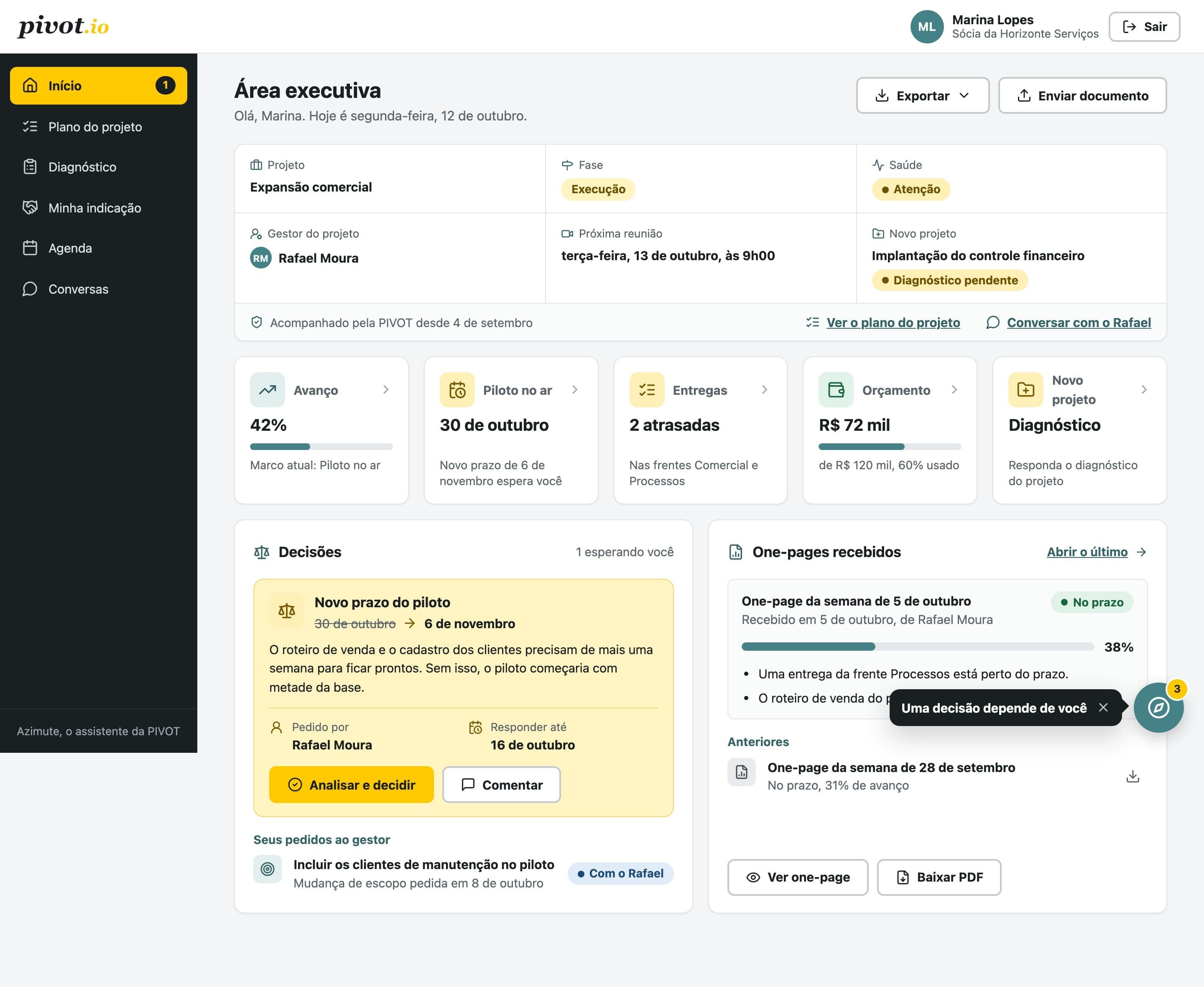 Área executiva da empresa no Cockpit, com projeto, decisões e investimento